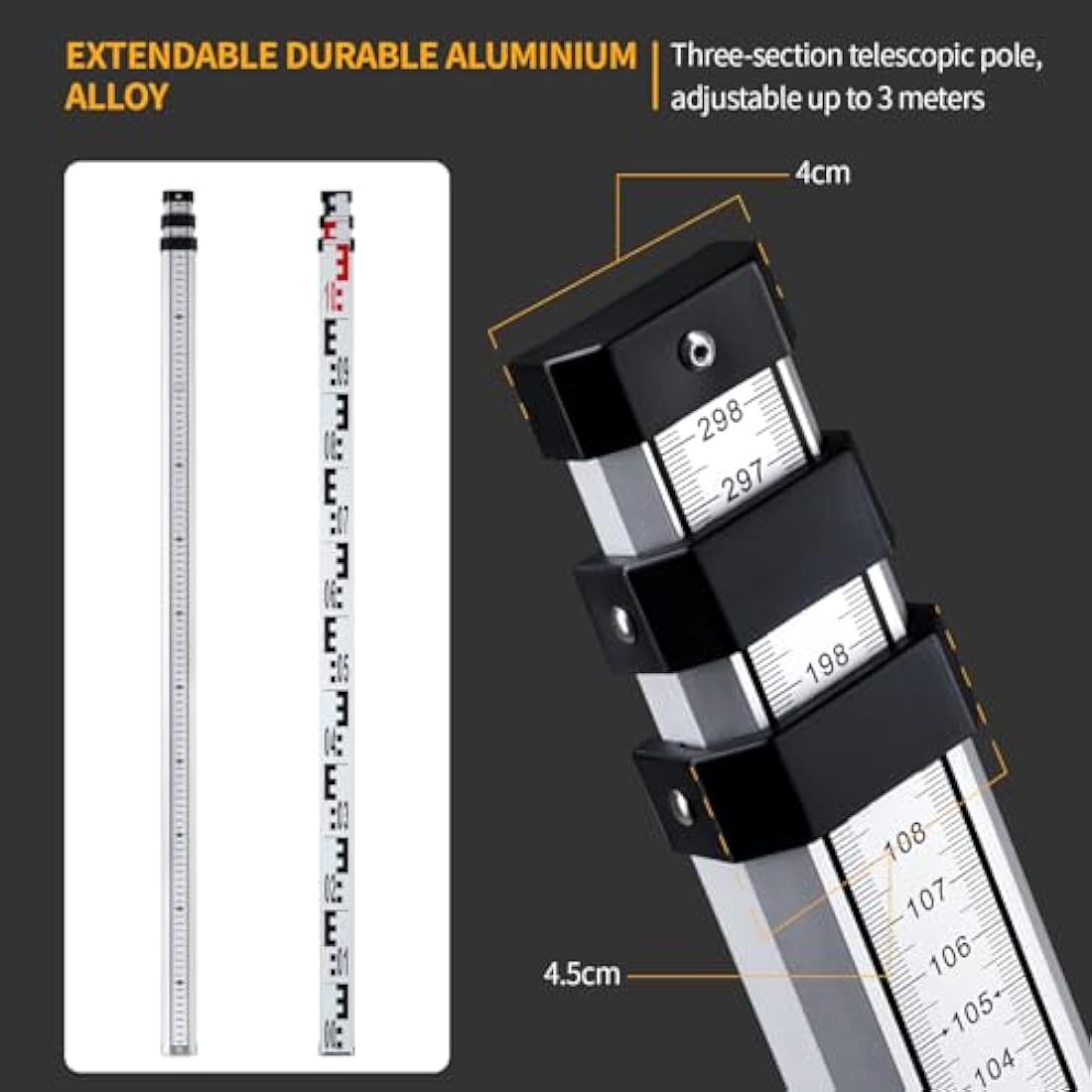 Firecore 3m Telescopic Levelling Staff | Aluminium Measuring Rod