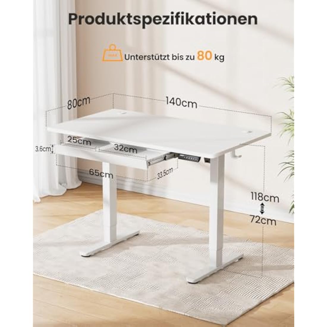 ErGear Electric Standing Desk | 140x80cm Height Adjustable Table with Drawer
