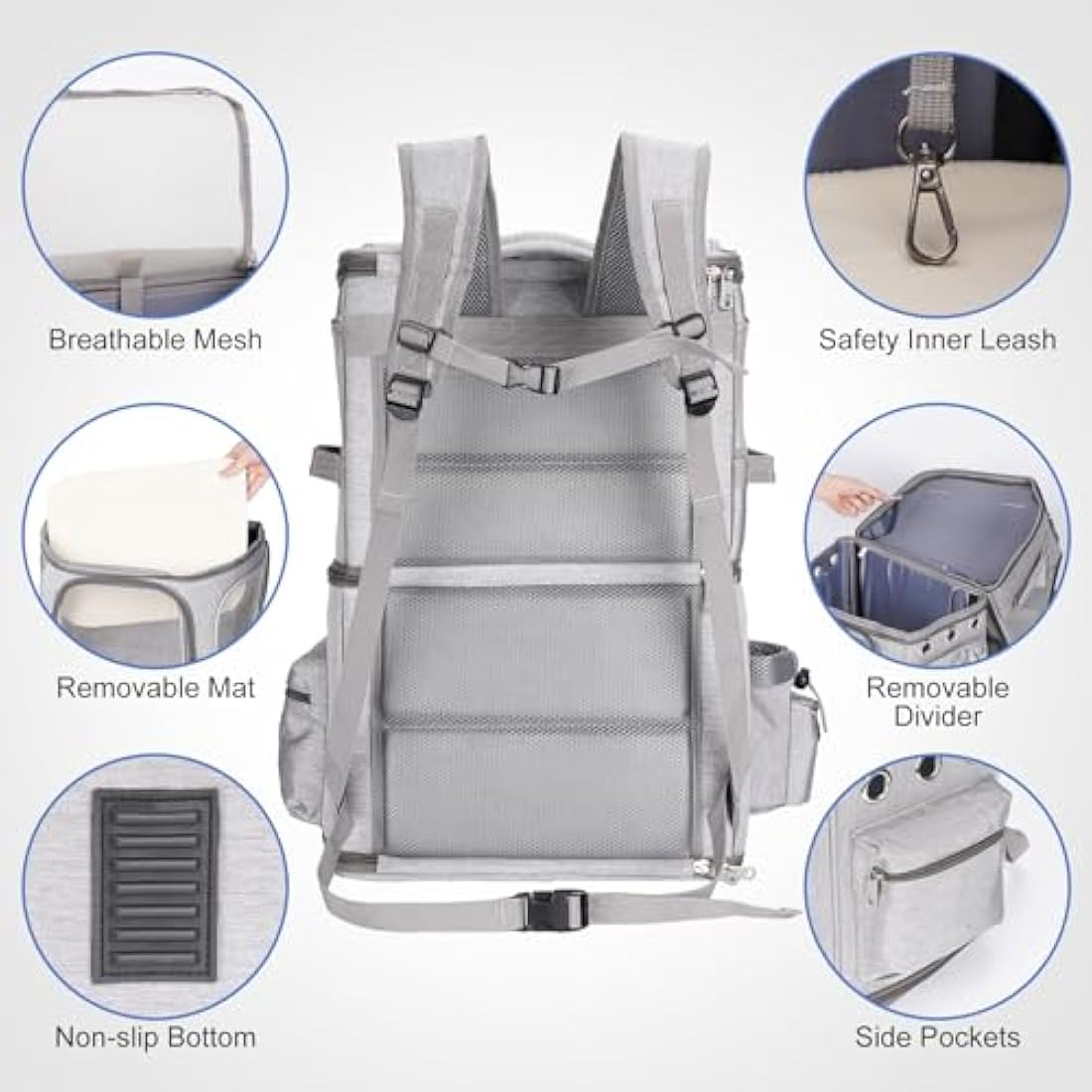 FASNATI Dual Compartment Pet Carrier Backpack for 2 Cats or Dogs - Grey, XL