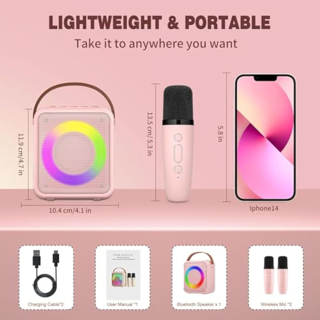 Ankuka Portable Karaoke Machine with 2 Wireless Mics & LED Lights - Pink