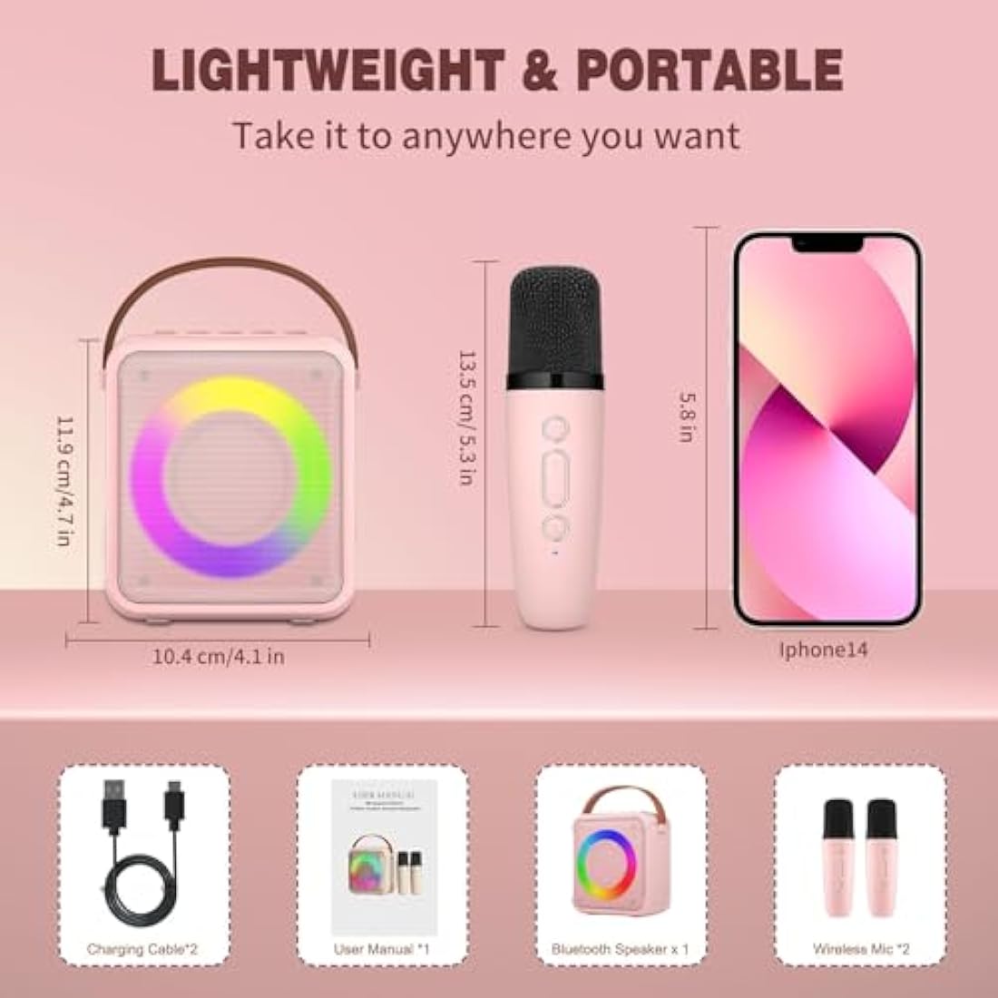 Ankuka Portable Karaoke Machine with 2 Wireless Mics & LED Lights - Pink