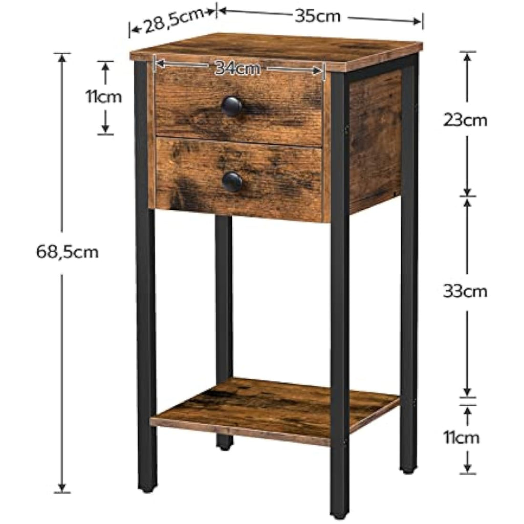 HOOBRO Tall Slim Bedside Table | 2-Drawer Industrial Side Table - Rustic Brown