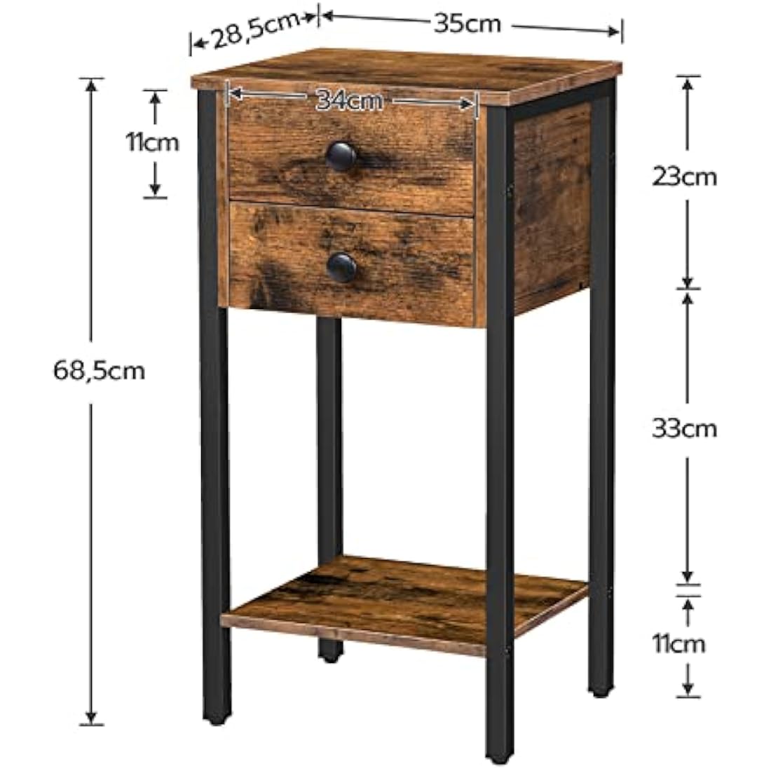 HOOBRO Tall Slim Bedside Table | 2-Drawer Industrial Side Table - Rustic Brown