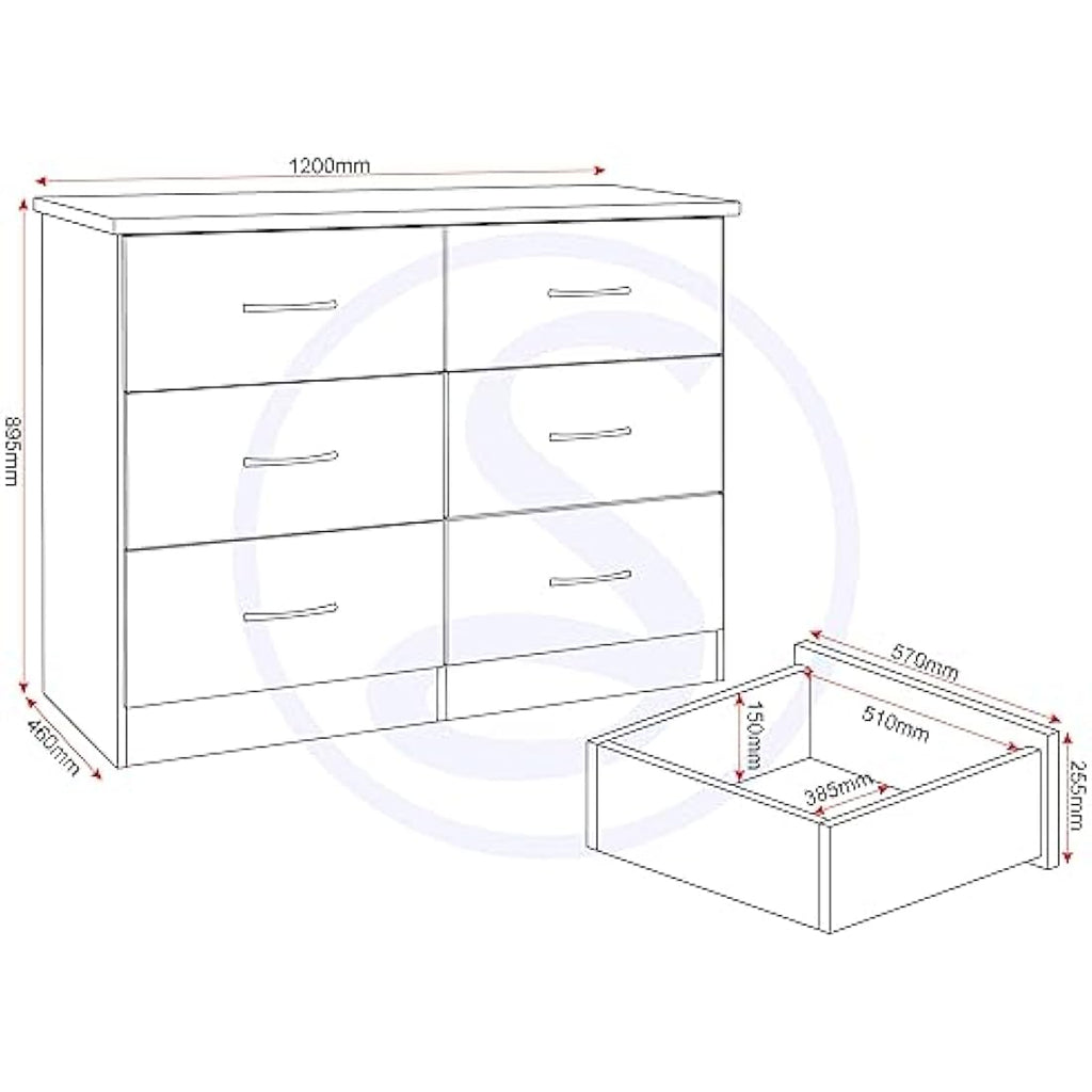 Seconique Nevada 6 Drawer Chest – Grey Gloss & Light Oak Dresser