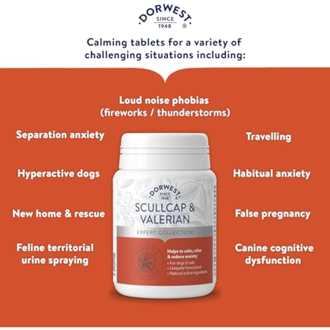 Dorwest Herbs Scullcap & Valerian Calming Tablets for Dogs & Cats, 200ct