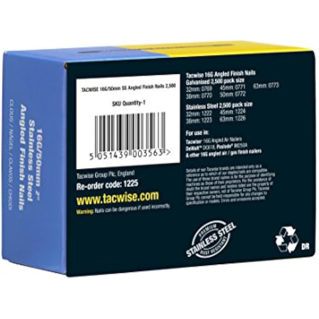 Tacwise 16G Stainless Steel Angled Finish Nails, 50mm (1000 Pack)