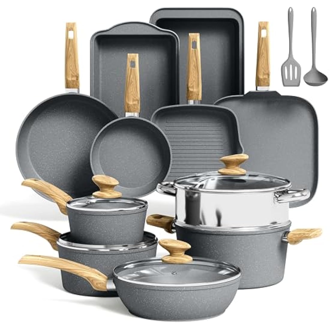 Kitchen Academy 17-Piece Nonstick Induction Cookware Set – Gray Granite