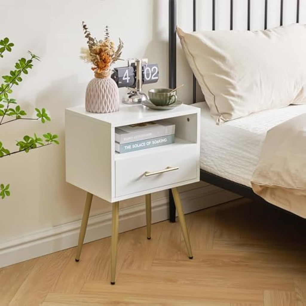 IBUYKE Mid-Century Modern Nightstand | 2-Tier White Bedside Table