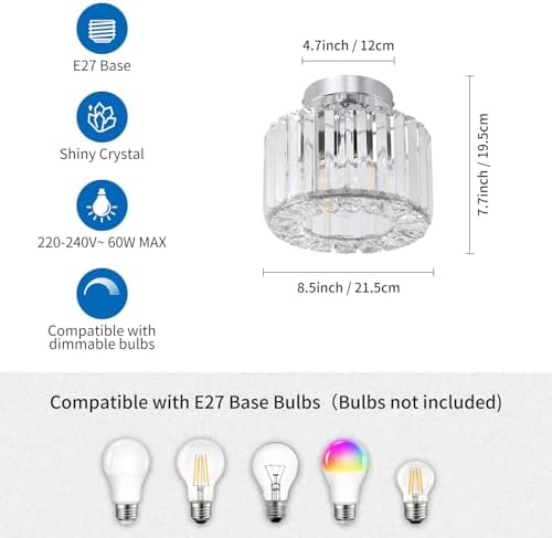ANWIO Modern Crystal Flush Mount Ceiling Light | Silver E27 Chandelier