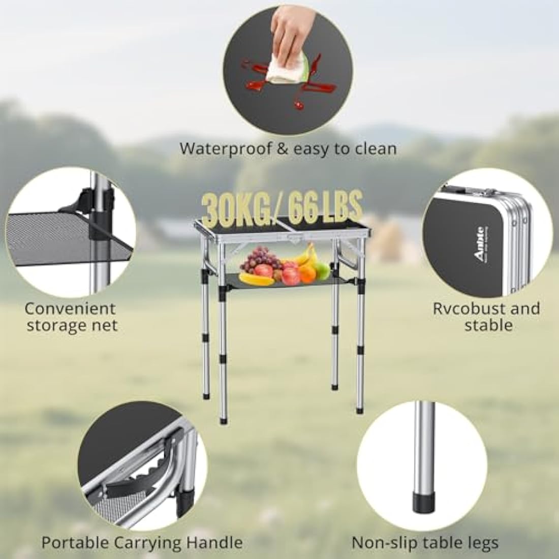 Anbte Folding Camping Table | 3 Adjustable Heights Aluminum Picnic Table