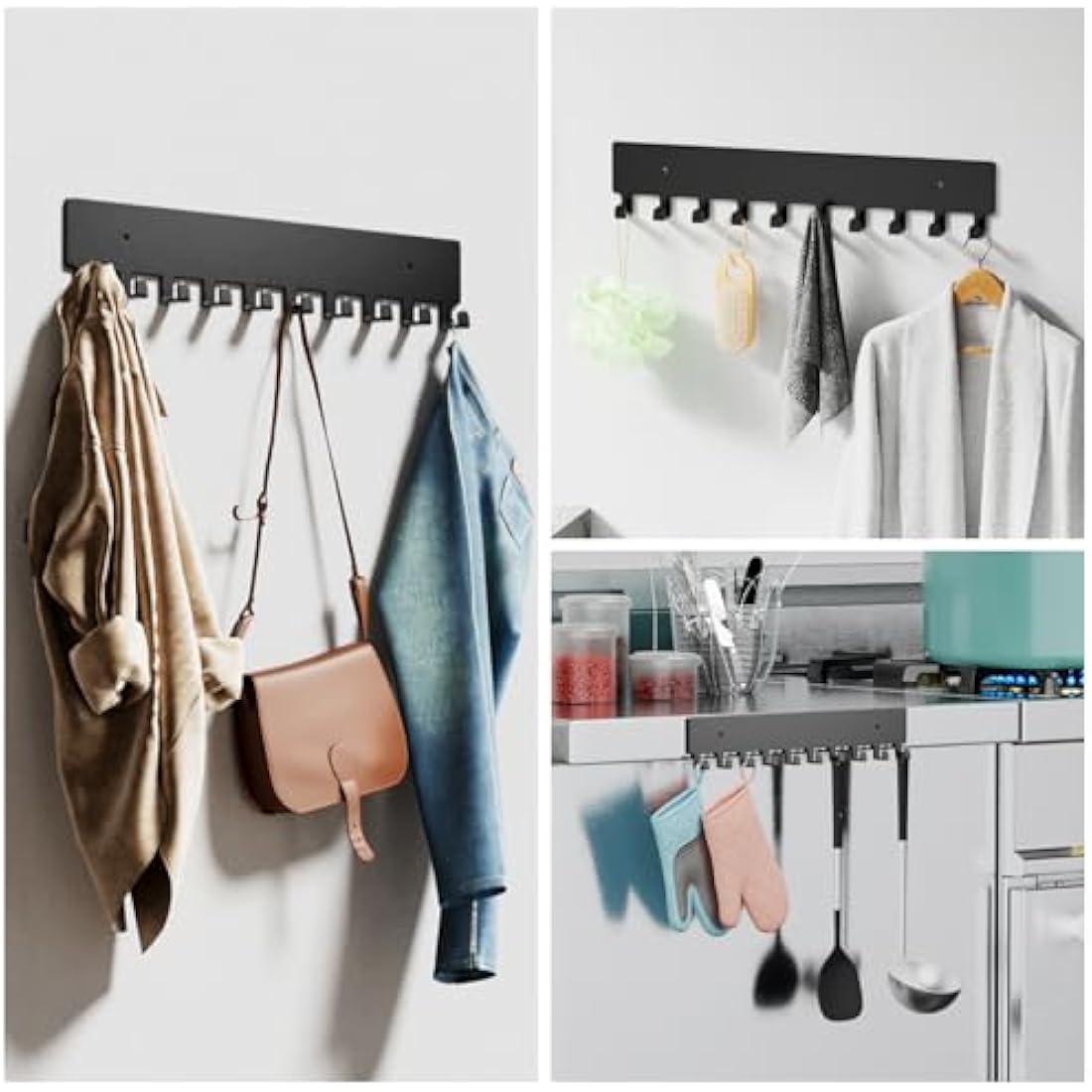 Key Holder for Wall – 10 Metal Hooks, Matte Black Key Rack