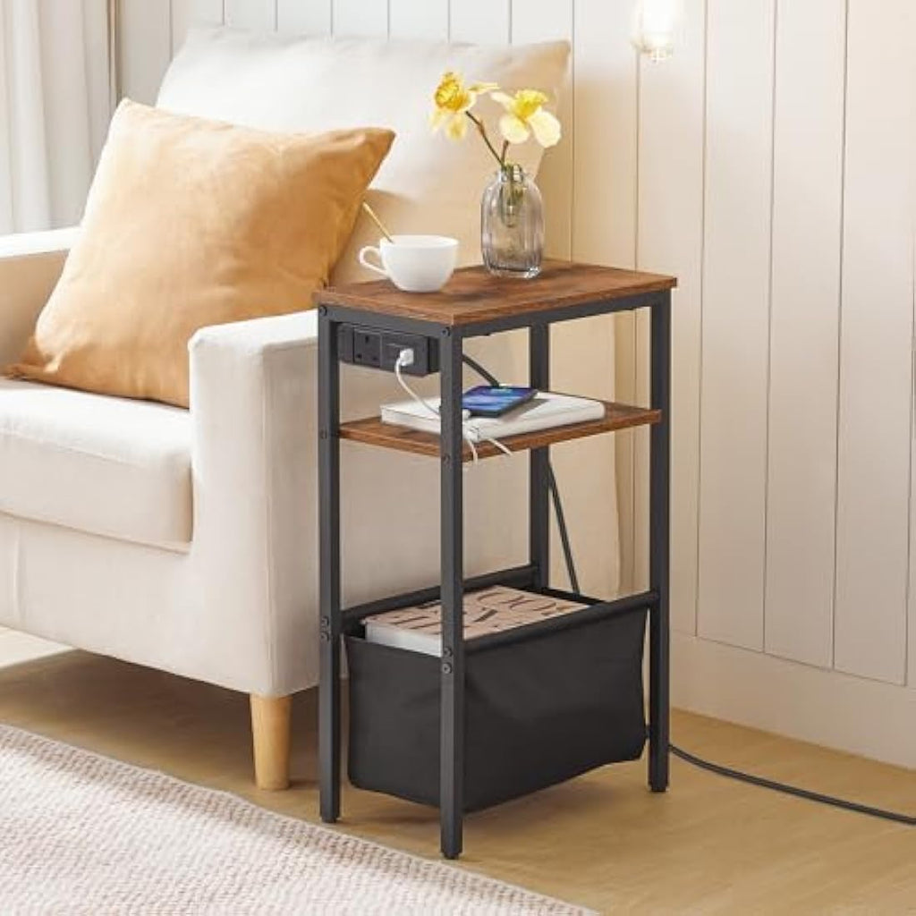HOOBRO Narrow Side Table with Charging Station - Rustic Brown & Black