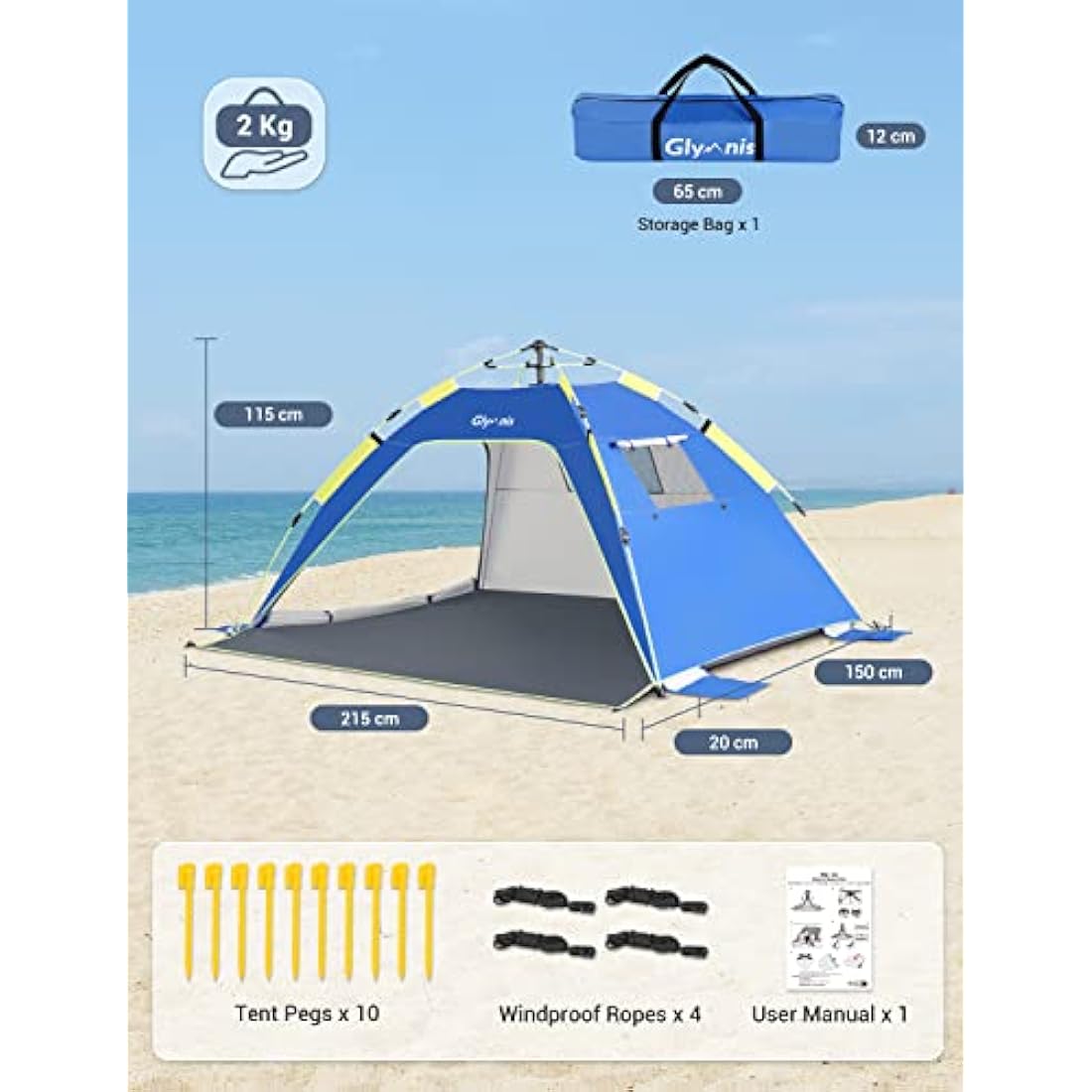 Glymnis Pop Up Beach Tent | 3-4 Person UV Protection Sun Shelter