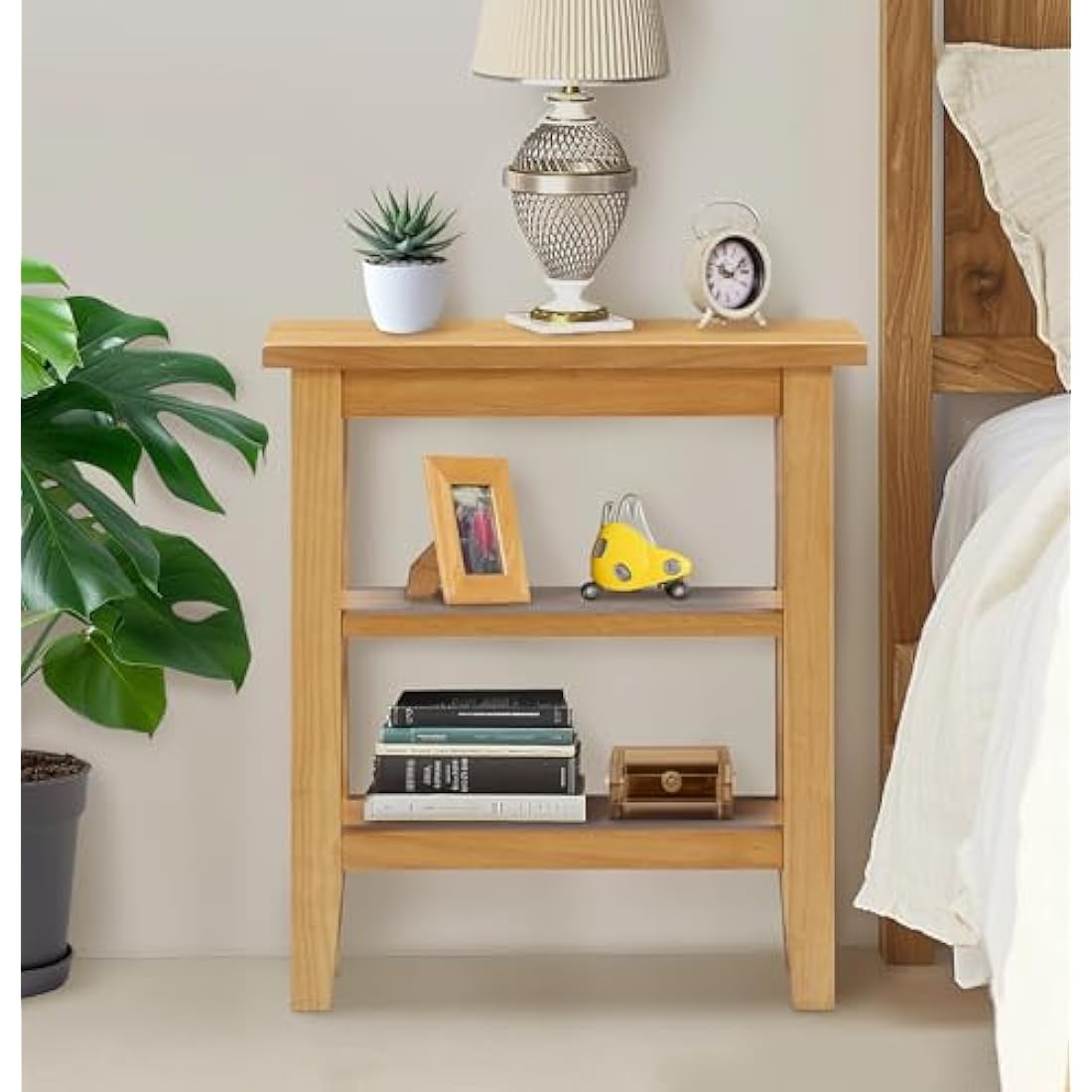 Hallowood Aston Oak Side Table – Slim Wooden Bedside Table with Shelves