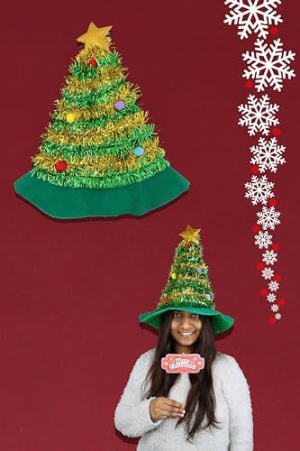 Henbrandt Christmas Tree Hat with Tinsel and Gold Star Topper - 43cm