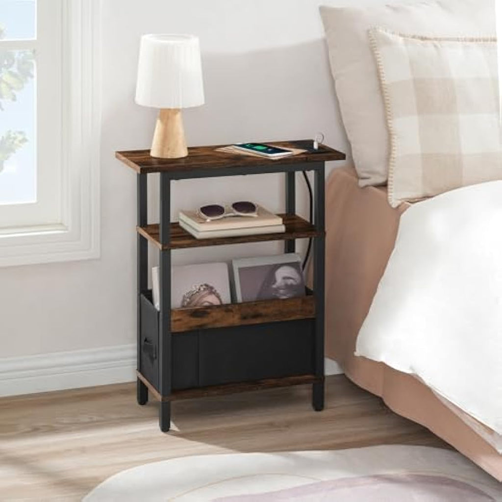MAHANCRIS Narrow Side Table with Charging Station | 3-Tier Slim End Table