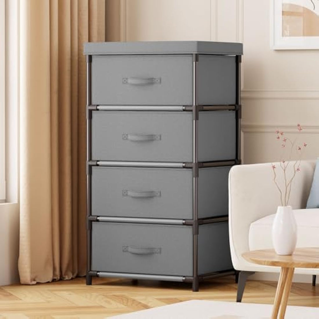 WANGIRL 4-Drawer Fabric Dresser – Grey Storage Chest with Steel Frame