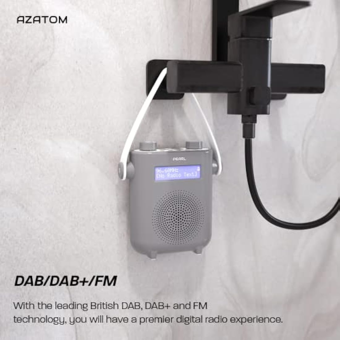 Azatom Pearl DAB/DAB+ Digital Shower Radio - IPX5 Waterproof Bluetooth - Grey