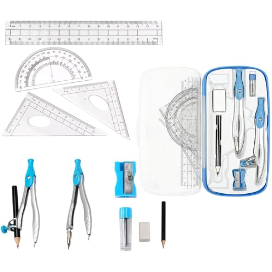 MHwan 10-Piece Maths Geometry Set with Metal Compass and Case - Blue
