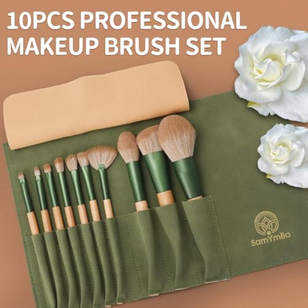 10-Piece Professional Bamboo Makeup Brushes Set with Case