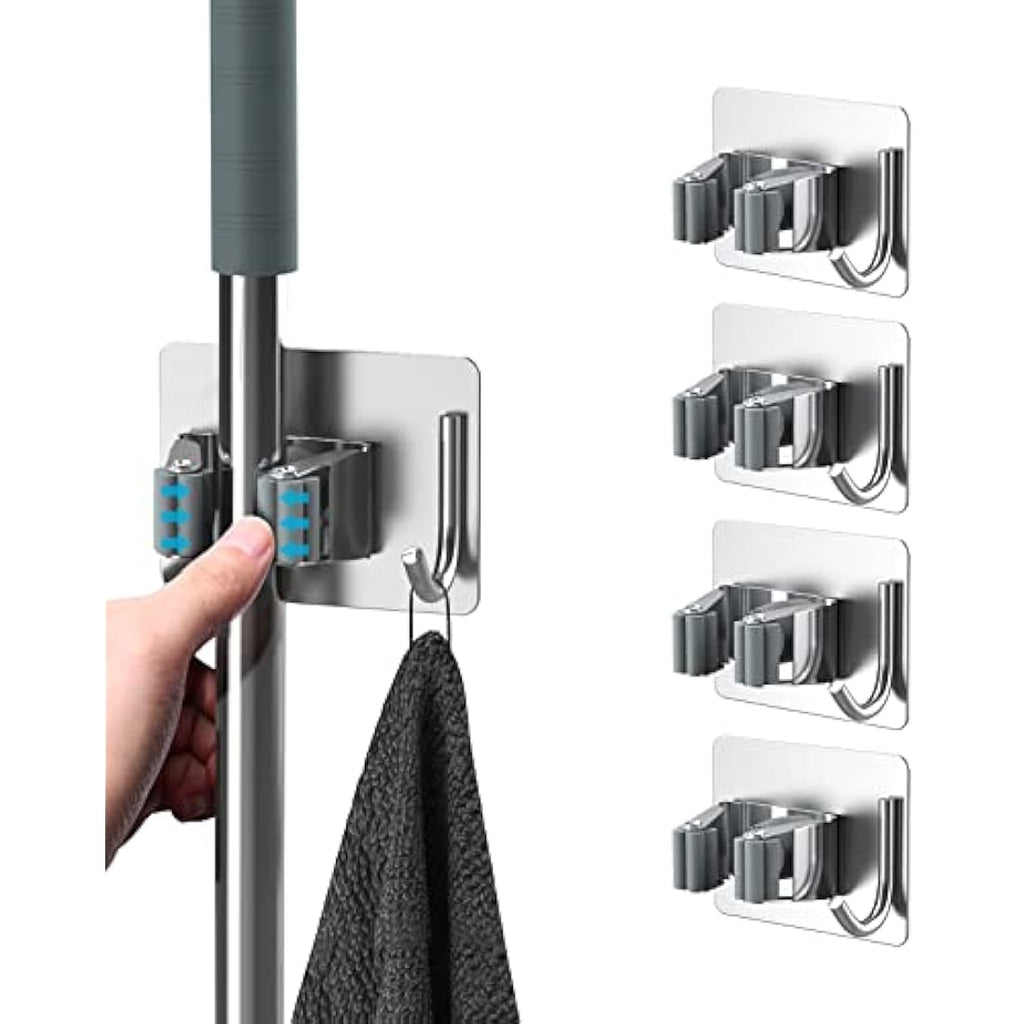 Homeasy Mop and Broom Holder – 4 Pcs Stainless Steel Wall Mounted Hanger