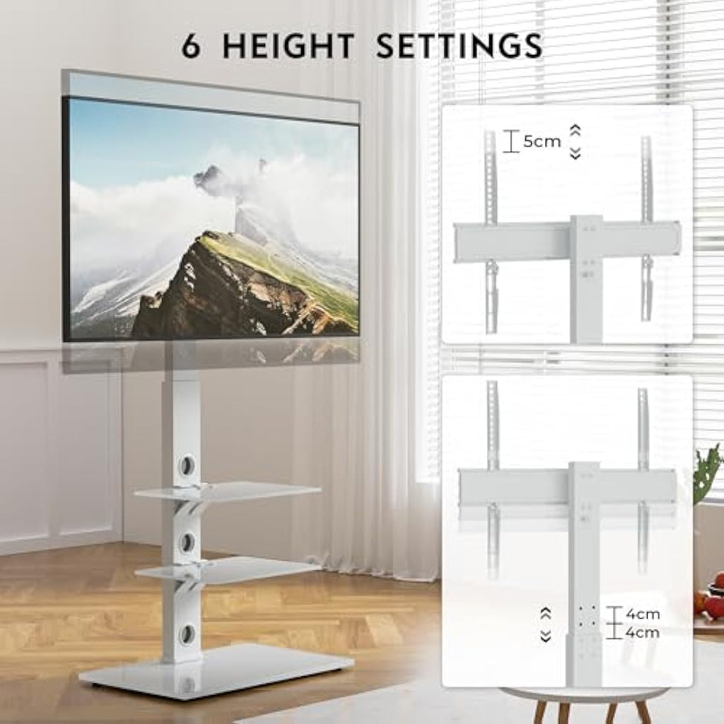 BONTEC Universal Floor TV Stand | 30-70 inch | 3-Tier Glass Shelves (White)