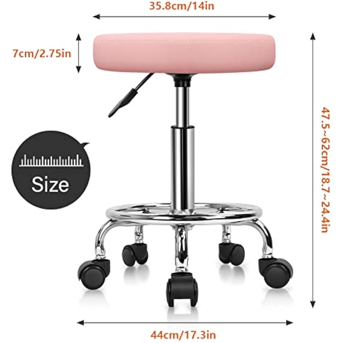 KKTONER PU Leather Rolling Stool - Swivel Salon Chair with Footrest, Pink