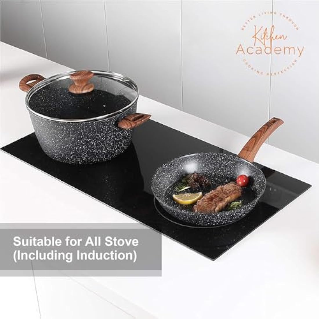Kitchen Academy 17-Piece Nonstick Induction Cookware Set – Black Granite