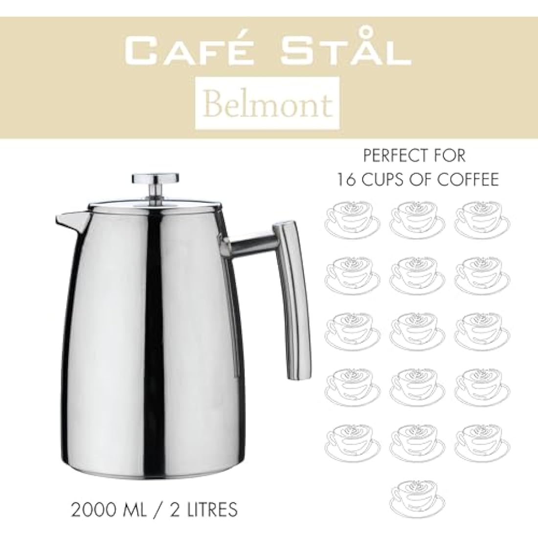 Café Stal Belmont Double Walled French Press - 16 Cup Stainless Steel