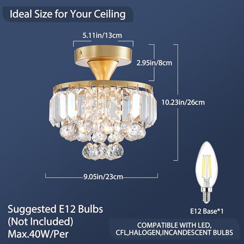 Bestier Modern Gold Crystal Semi-Flush Mount Chandelier – 23cm LED Light