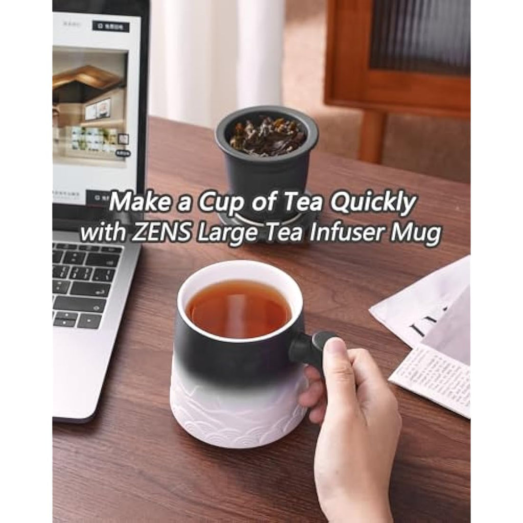 ZENS Ceramic Tea Infuser Mug with Wood Handle and Lid, 500ml - Black