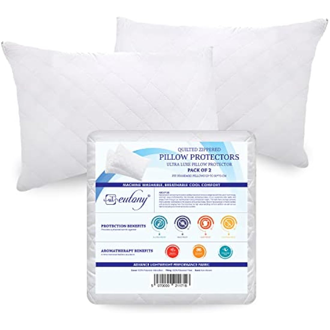 Eutony Quilted Pillow Protectors 2 Pack | Soft Microfiber Zipped Covers