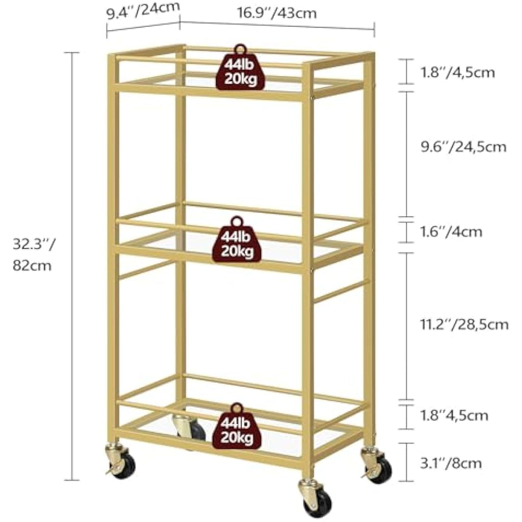 MAHANCRIS 3-Tier Gold Bar Cart | Tempered Glass Rolling Serving Trolley