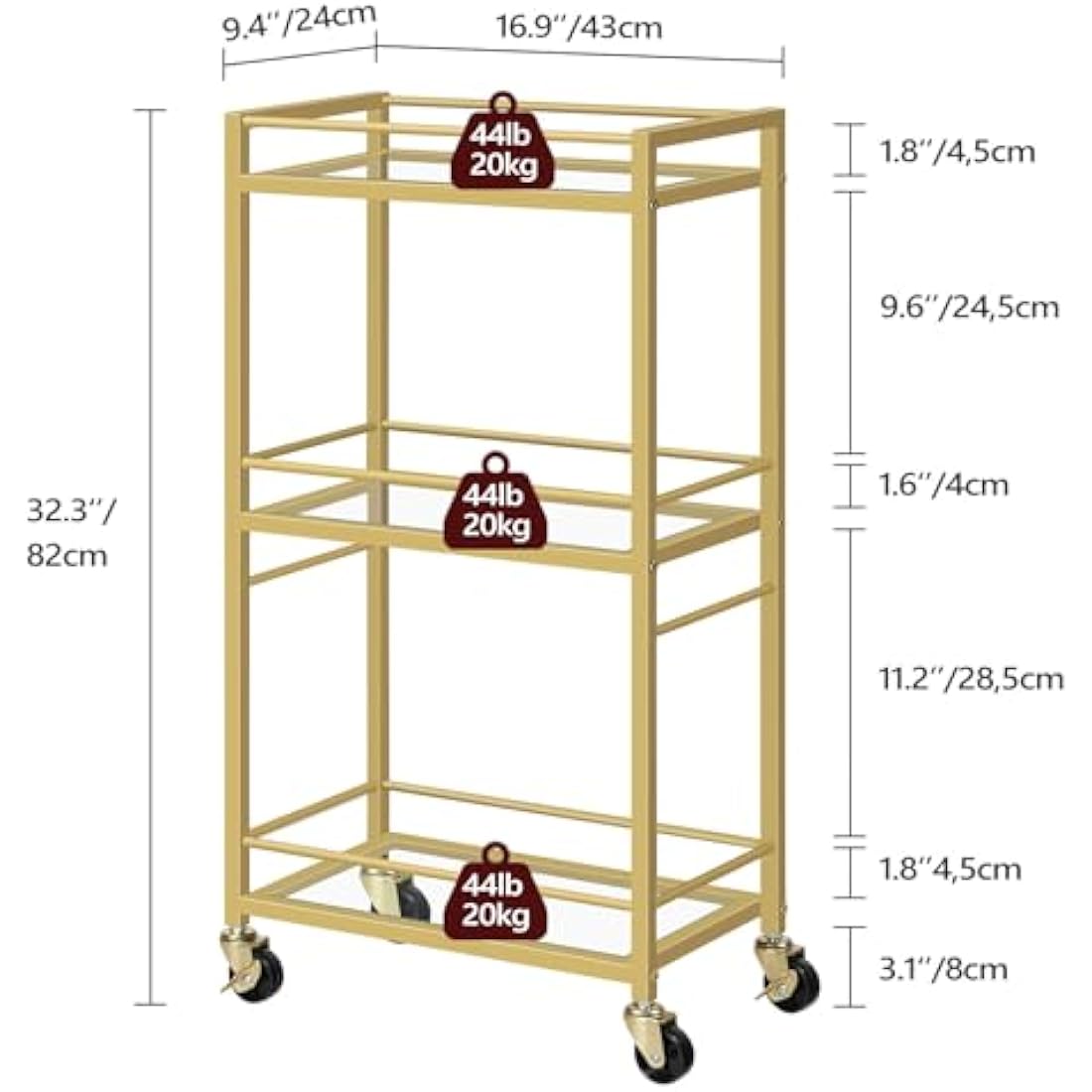 MAHANCRIS 3-Tier Gold Bar Cart | Tempered Glass Rolling Serving Trolley