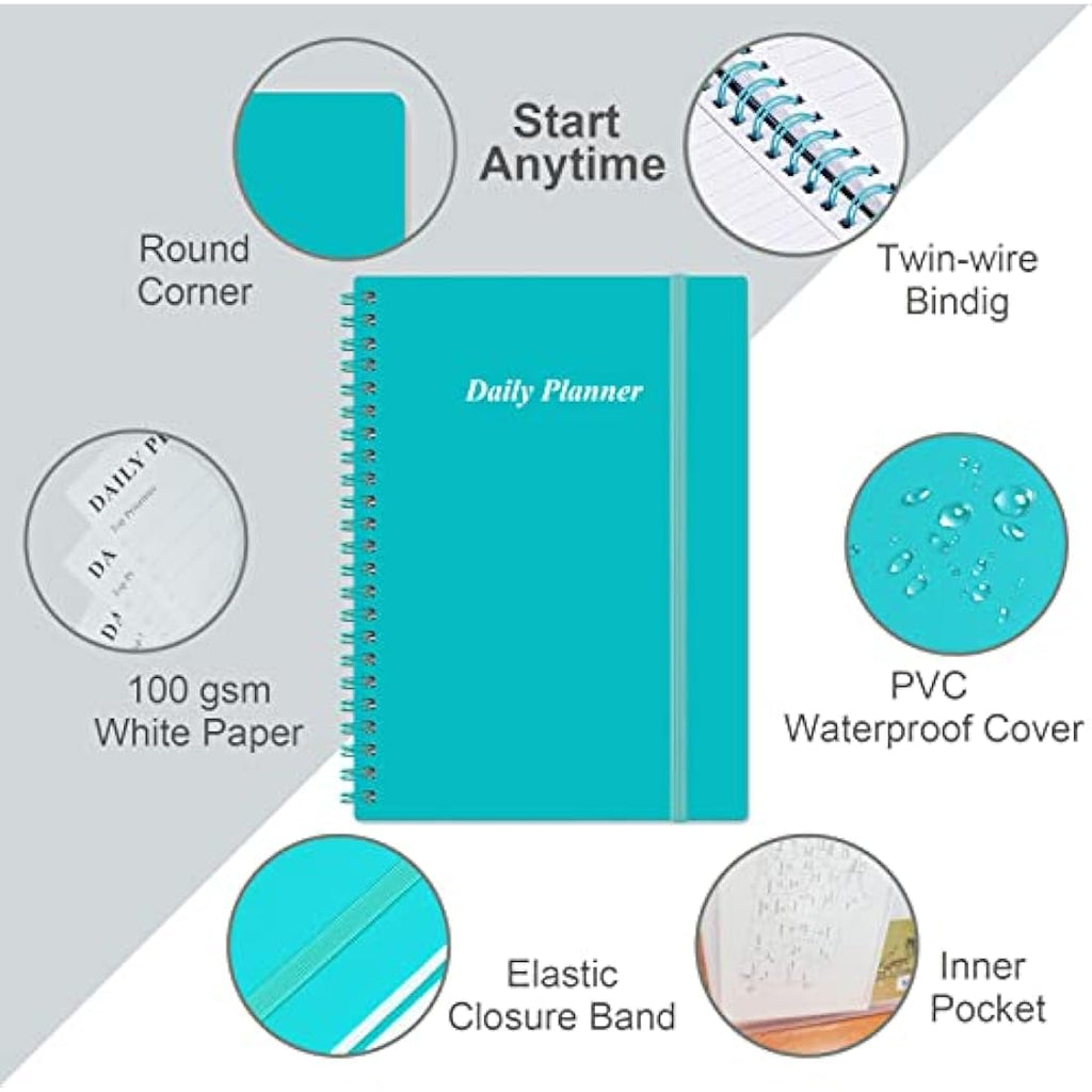 Jolof Store Undated Daily Planner – A5 Spiral To Do List Notebook, Teal