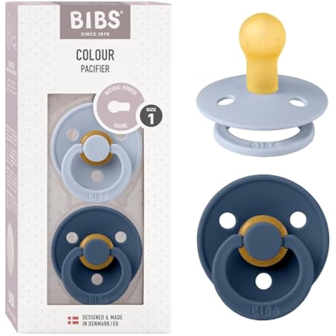 BIBS Colour Pacifier 2-Pack | Natural Rubber Latex | 0-6 Months | Blue
