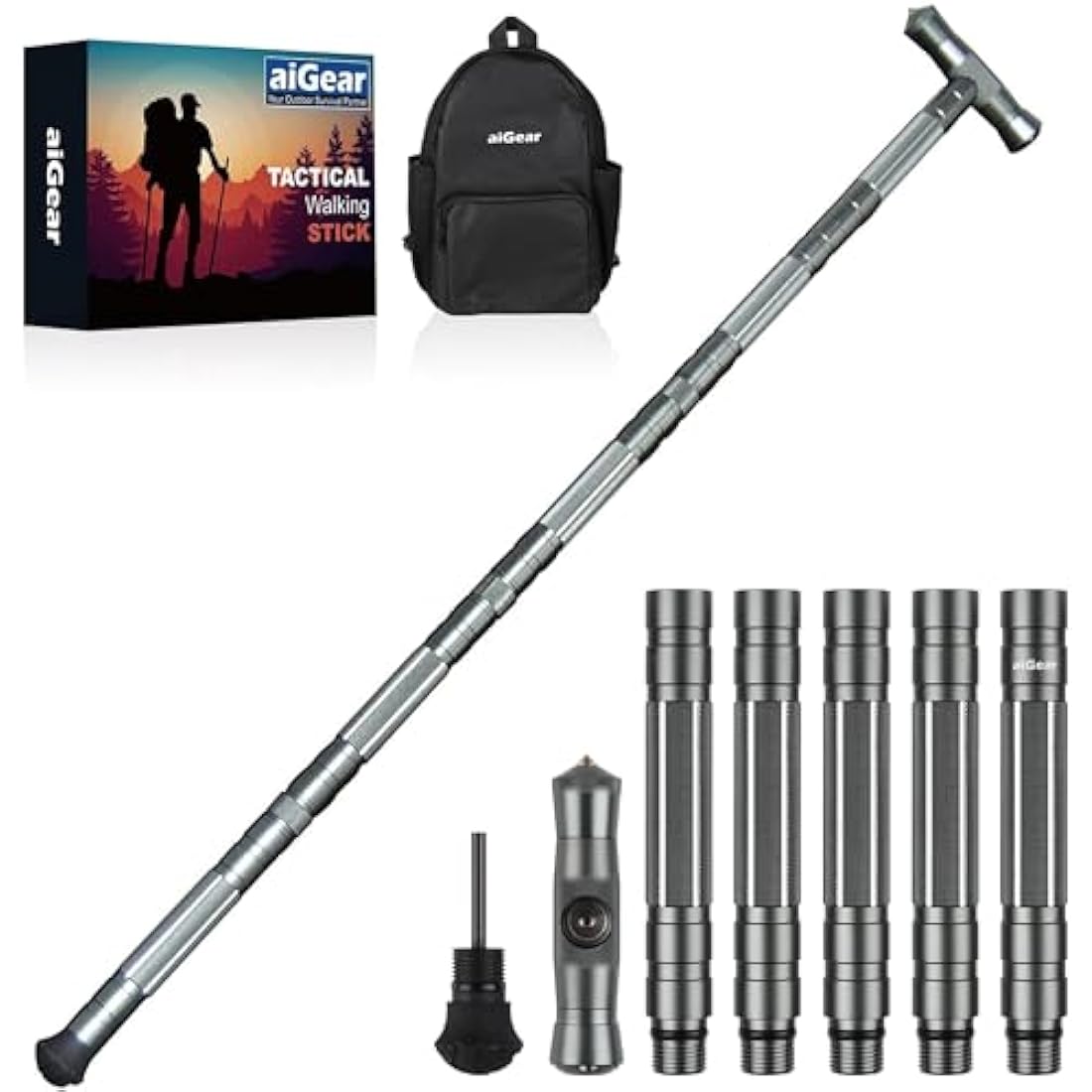 aiGear Tactical Trekking Poles | Adjustable Aluminum Hiking Stick - Gray