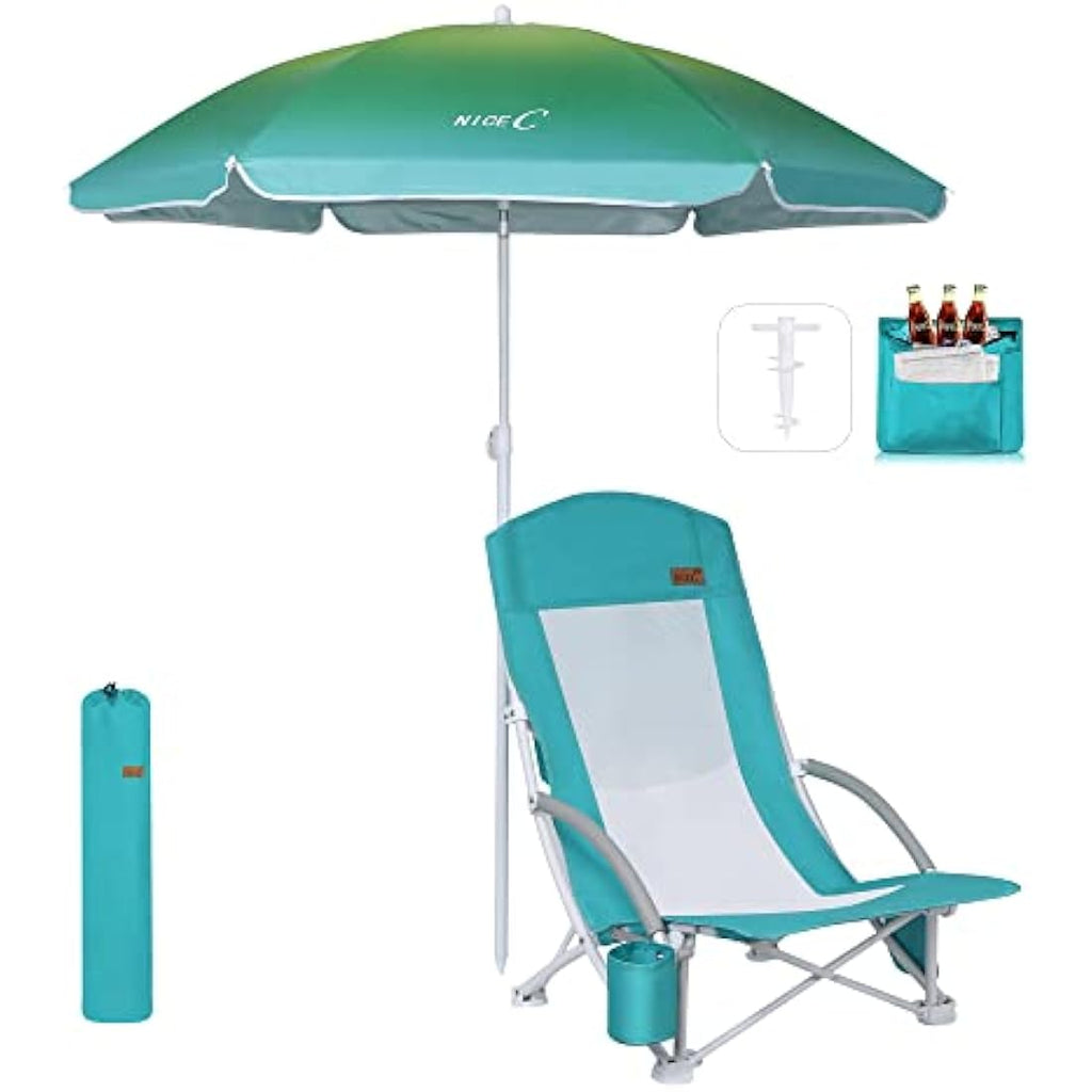 Nice C High Back Beach Chair with UPF 50 Umbrella and Cooler Bag – Blue
