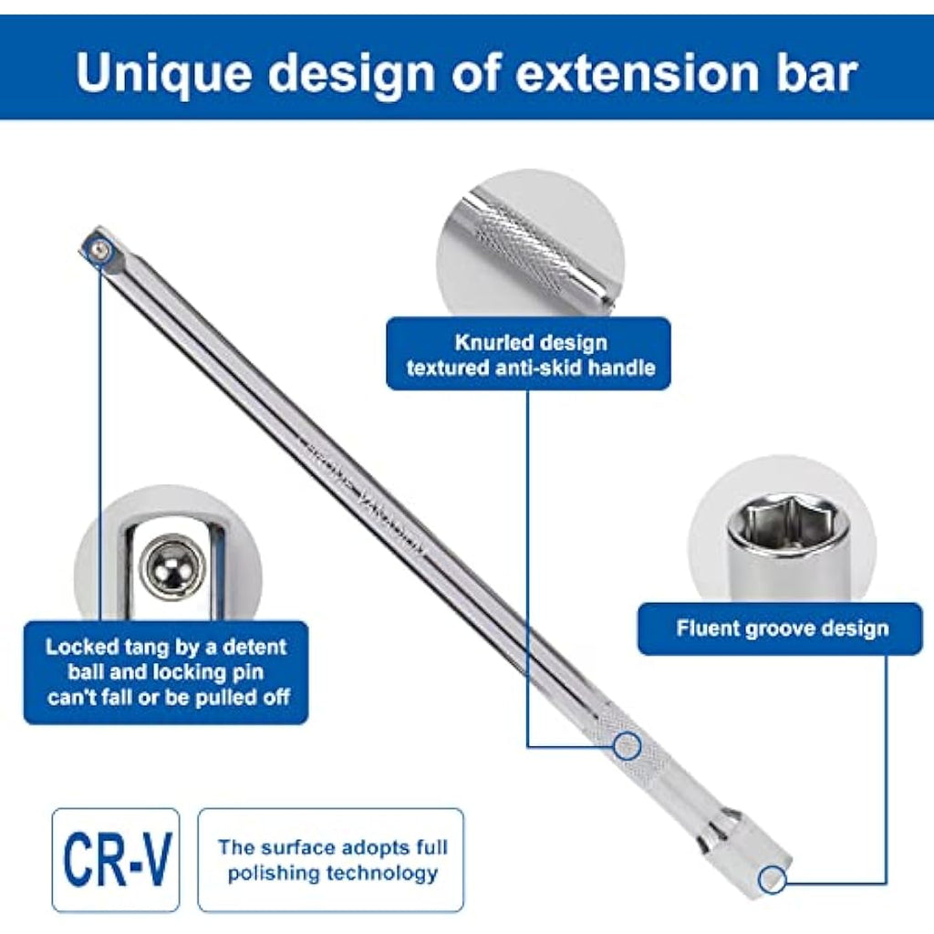 DAKCOS 9-Piece Socket Extension Bar Set | 1/4" 3/8" 1/2" Drive CR-V Steel