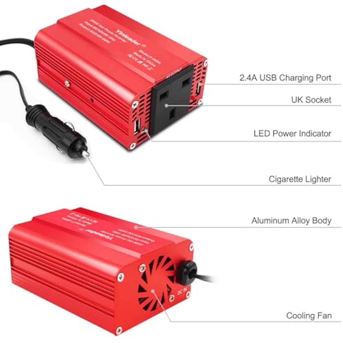 Yinleader 200W Power Inverter 12V to 240V UK Socket Dual USB Car Adapter