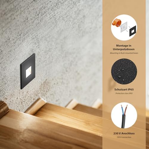 ledscom.de LED Recessed Wall Light – IP65 Waterproof Step Light, Black