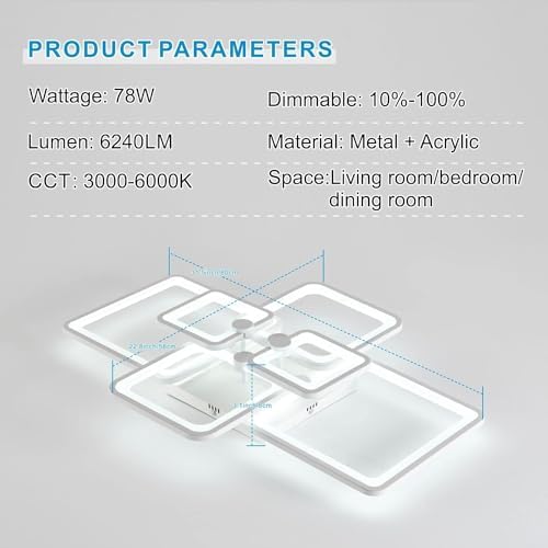 HIHIHOMY Modern 6-Ring LED Ceiling Light | Dimmable Geometric Lamp, 78W White