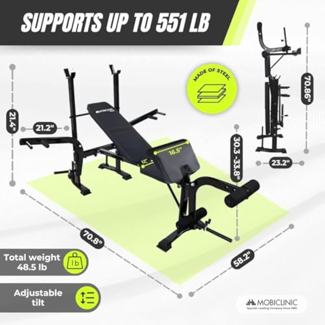 Mobiclinic Pressfit Adjustable Gym Bench - Foldable Steel Weight Bench