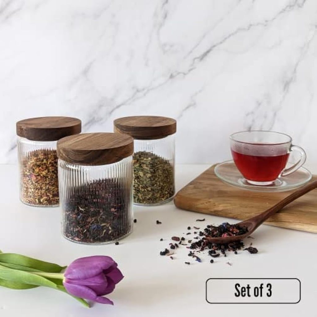 Mason & Fable Ribbed Glass Jars with Acacia Wood Lids - 500ml Set of 3