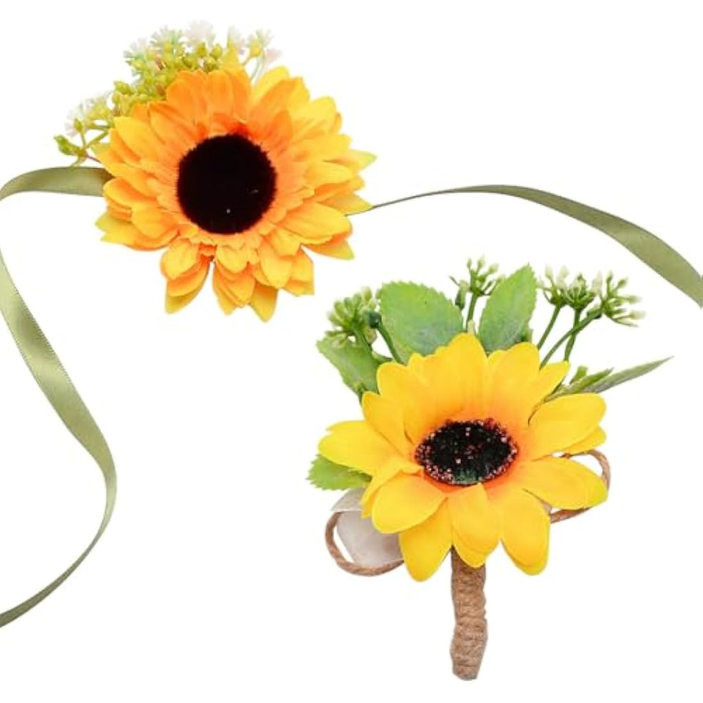Sunflower Wrist Corsage and Boutonniere Set for Weddings