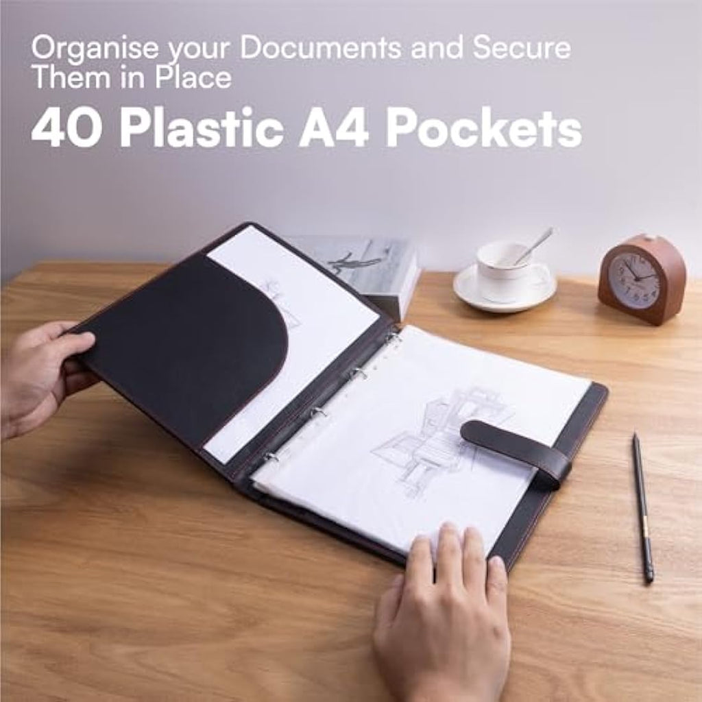 H&S A4 Faux Leather Conference Folder | Ring Binder Portfolio - Black