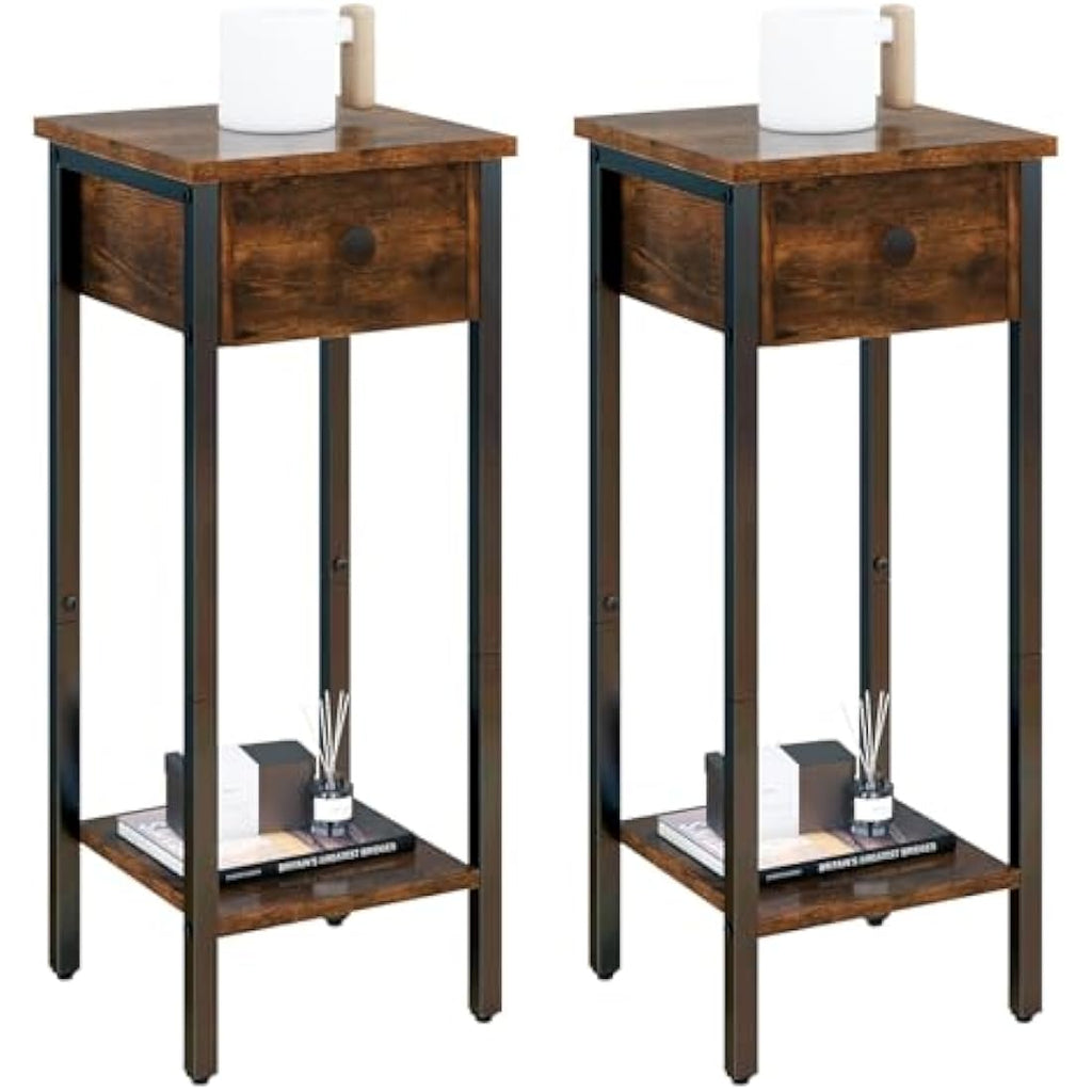 IBUYKE Narrow Nightstand Set of 2 | Slim Industrial Bedside Table, Brown