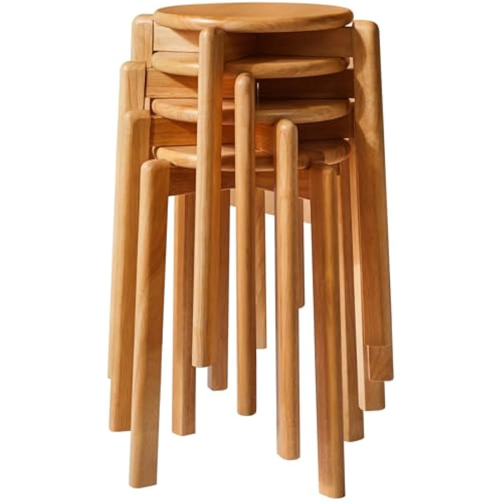 YMYNY Solid Wood Round Stools - 4-Piece Stackable Dining Stool Set, Natural