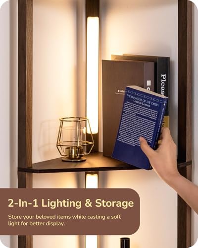 EDISHINE LED Floor Lamp with 4-Tier Shelves | Dimmable Walnut Wood Lamp