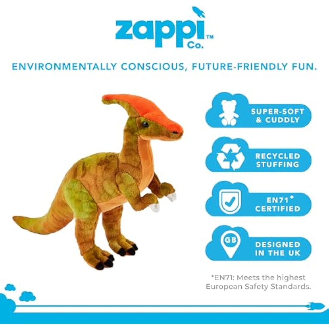 Zappi Co Parasaurolophus Dinosaur Plush Toy – Soft Stuffed Animal 38cm